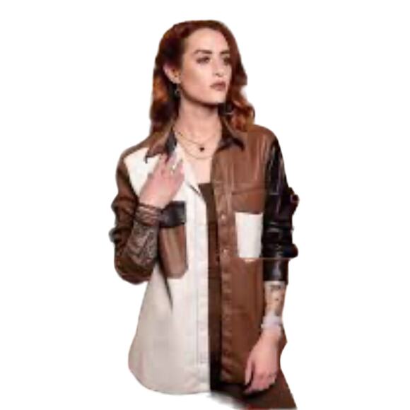 SFIZIO Women's Brown Color Block Faux Leather Patchwork Shacket Size Medium NWOT - Picture 4 of 14